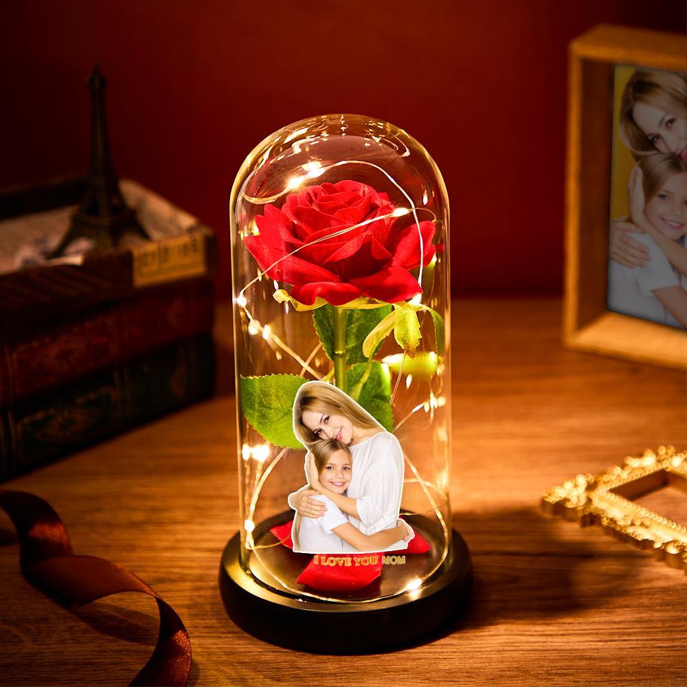 Custom Photo Text Eternal Rose Flower LED Night Light Romantic Simulation Eternal Rose Flower Glass Cover for Mother's Day