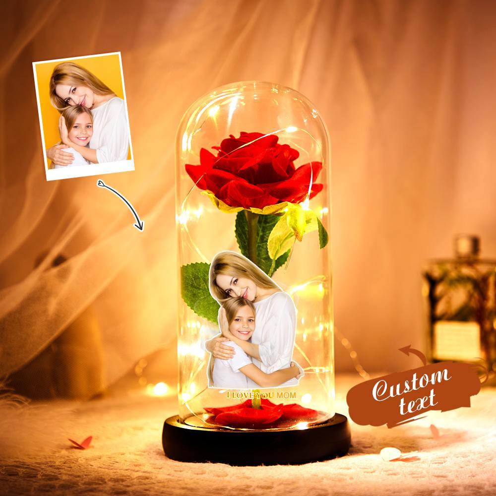 Custom Photo Text Eternal Rose Flower LED Night Light Romantic Simulation Eternal Rose Flower Glass Cover for Mother's Day