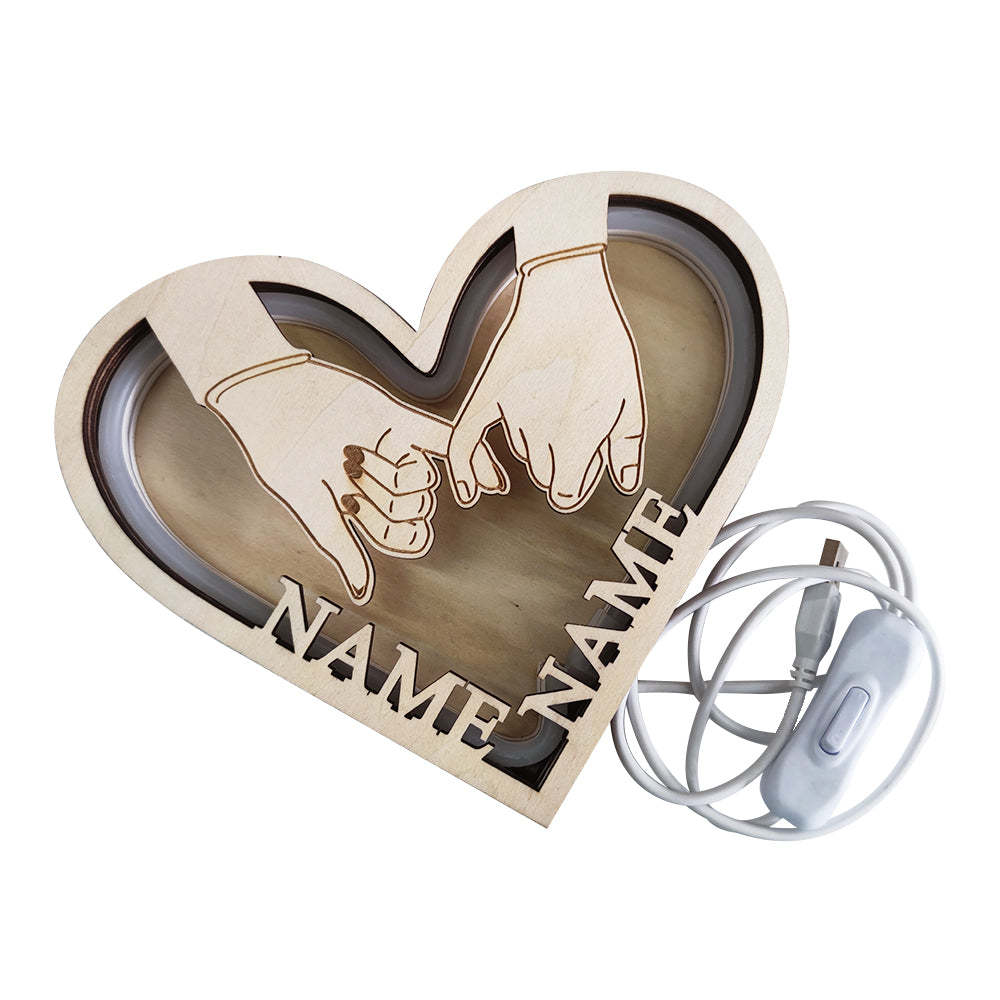 Custom Name Hand In Hand Light Personalised Wooden Heart Lamp Desk Decoration Gift - soufeeluk