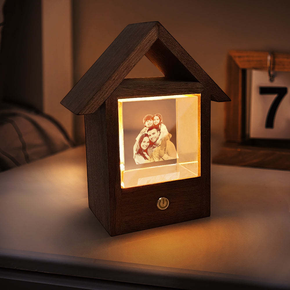 Custom 3D Crystal Photo Wooden House Night Light Home Decorative Lamp Gift - soufeeluk