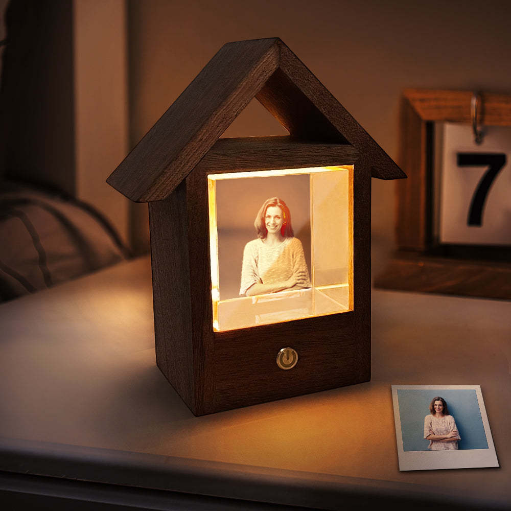 Custom 3D Crystal Photo Wooden House Night Light Home Decorative Lamp Gift - soufeeluk