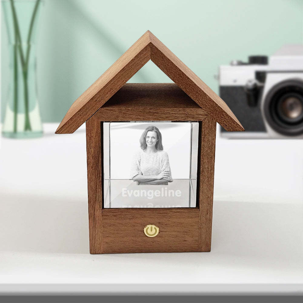 Custom 3D Crystal Photo Wooden House Night Light Home Decorative Lamp Gift - soufeeluk