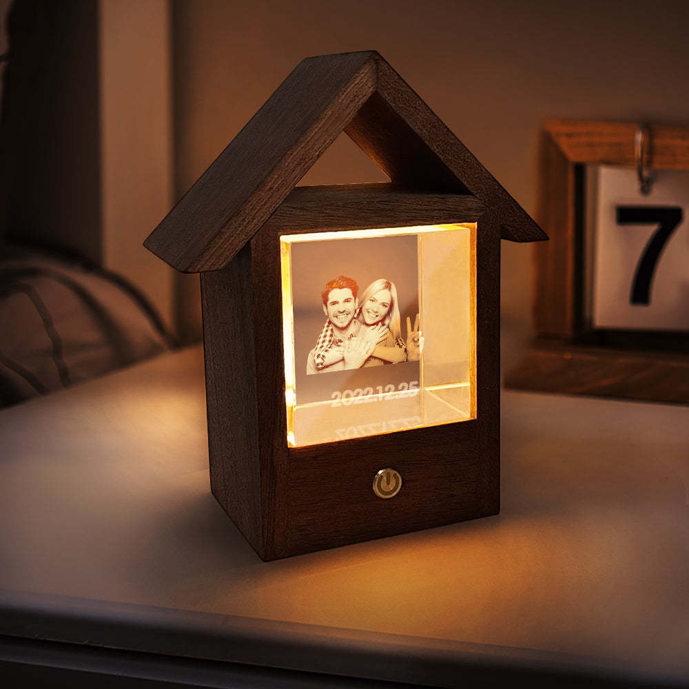 Custom 3D Crystal Photo Wooden House Night Light Home Decorative Lamp Gift - soufeeluk