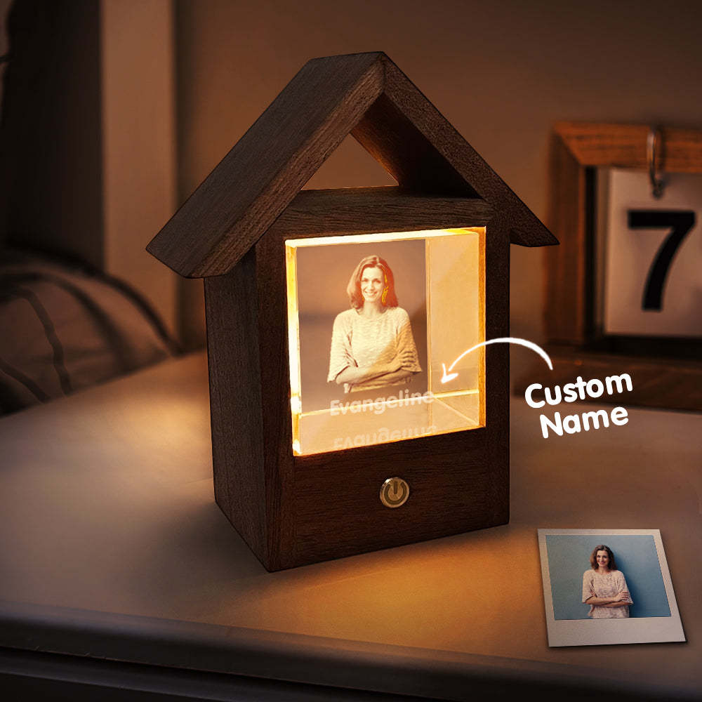 Custom 3D Crystal Photo Wooden House Night Light Home Decorative Lamp Gift - soufeeluk