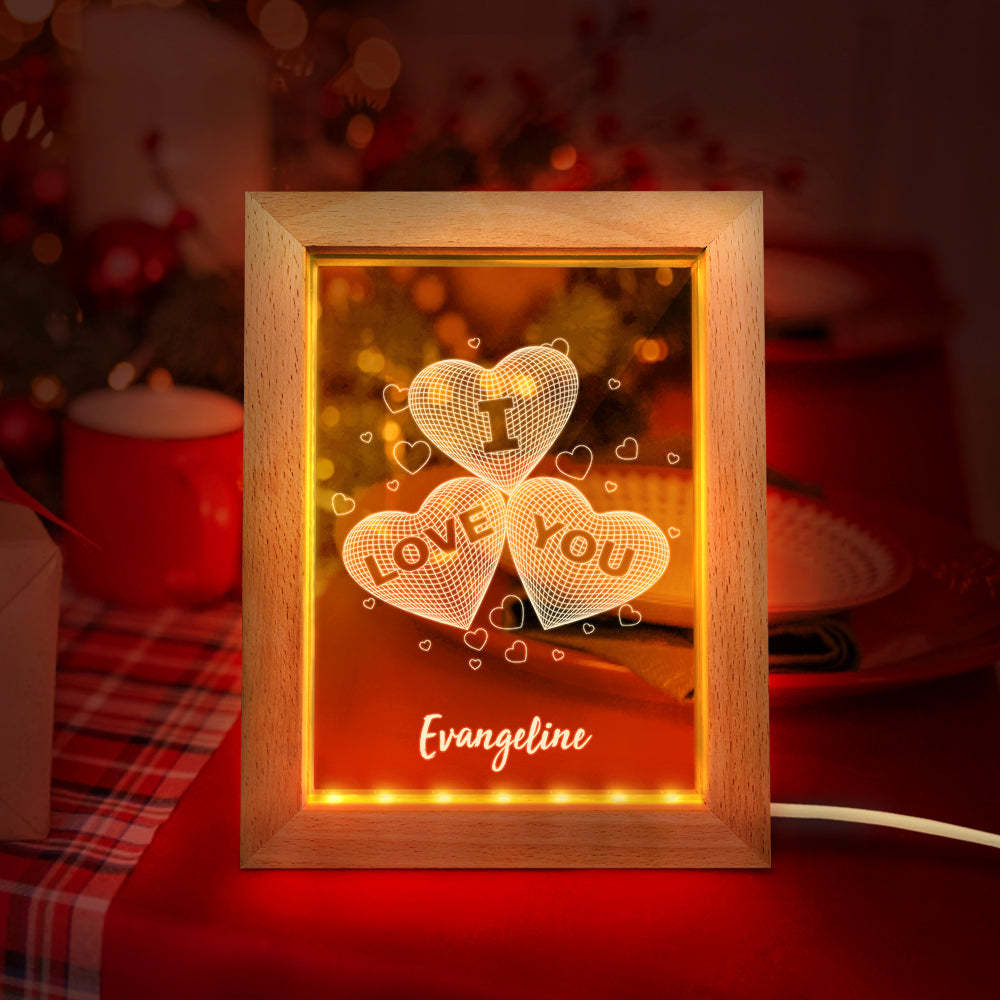 Custom Wooden Frame Light Personalised 3D Three Hearts Night Light Gift for Lovers - soufeeluk