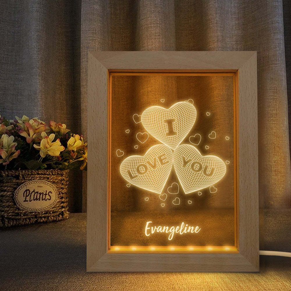 Custom Wooden Frame Light Personalised 3D Three Hearts Night Light Gift for Lovers - soufeeluk
