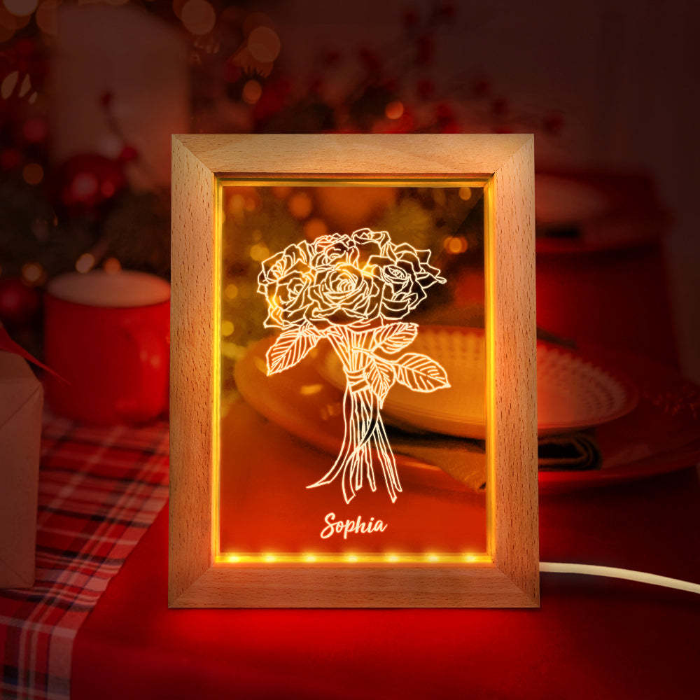 Custom Wooden Frame Light Personalised 3D Roses Night Light Couple Gift - soufeeluk