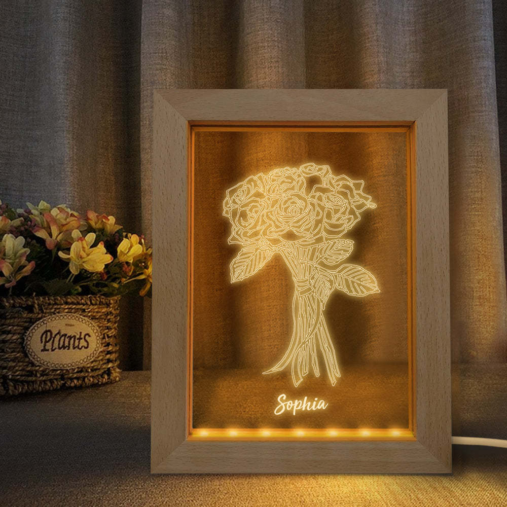 Custom Wooden Frame Light Personalised 3D Roses Night Light Couple Gift - soufeeluk