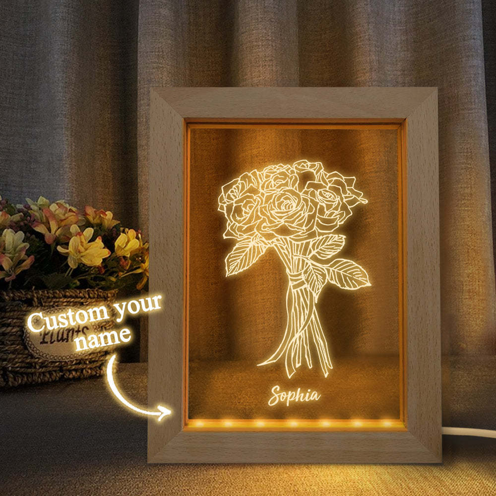 Custom Wooden Frame Light Personalised 3D Roses Night Light Couple Gift - soufeeluk