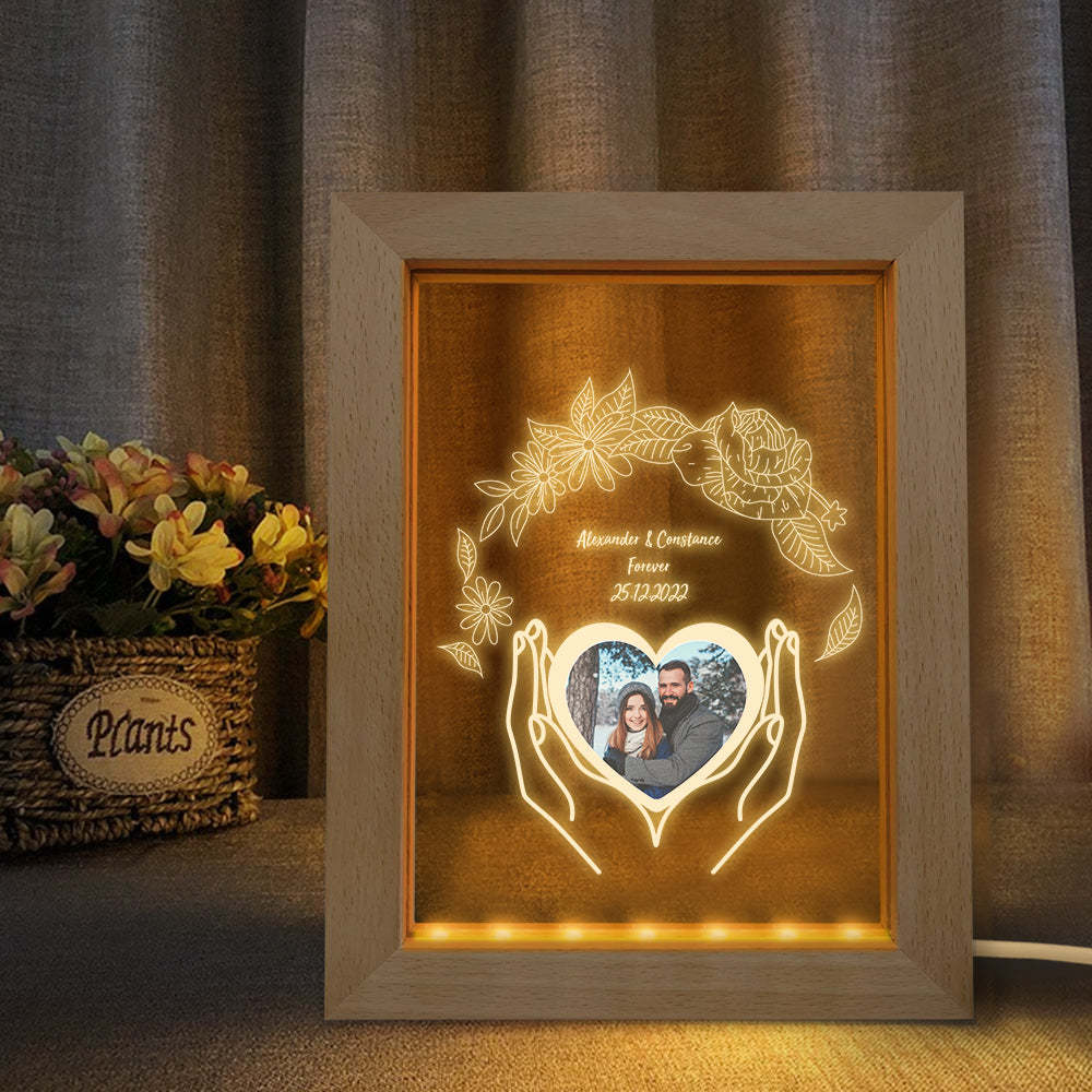 Custom Photo Night Light Personalised 3D Flower Wooden Frame Lamp Gift - soufeeluk