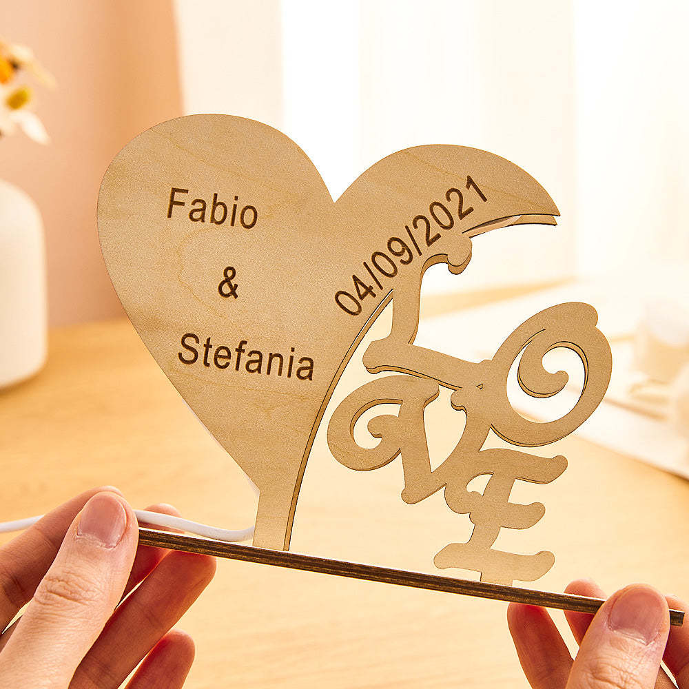 Custom Engraved Night Light Heart-shaped Love Wooden Night Light Anniversary Gift - soufeeluk