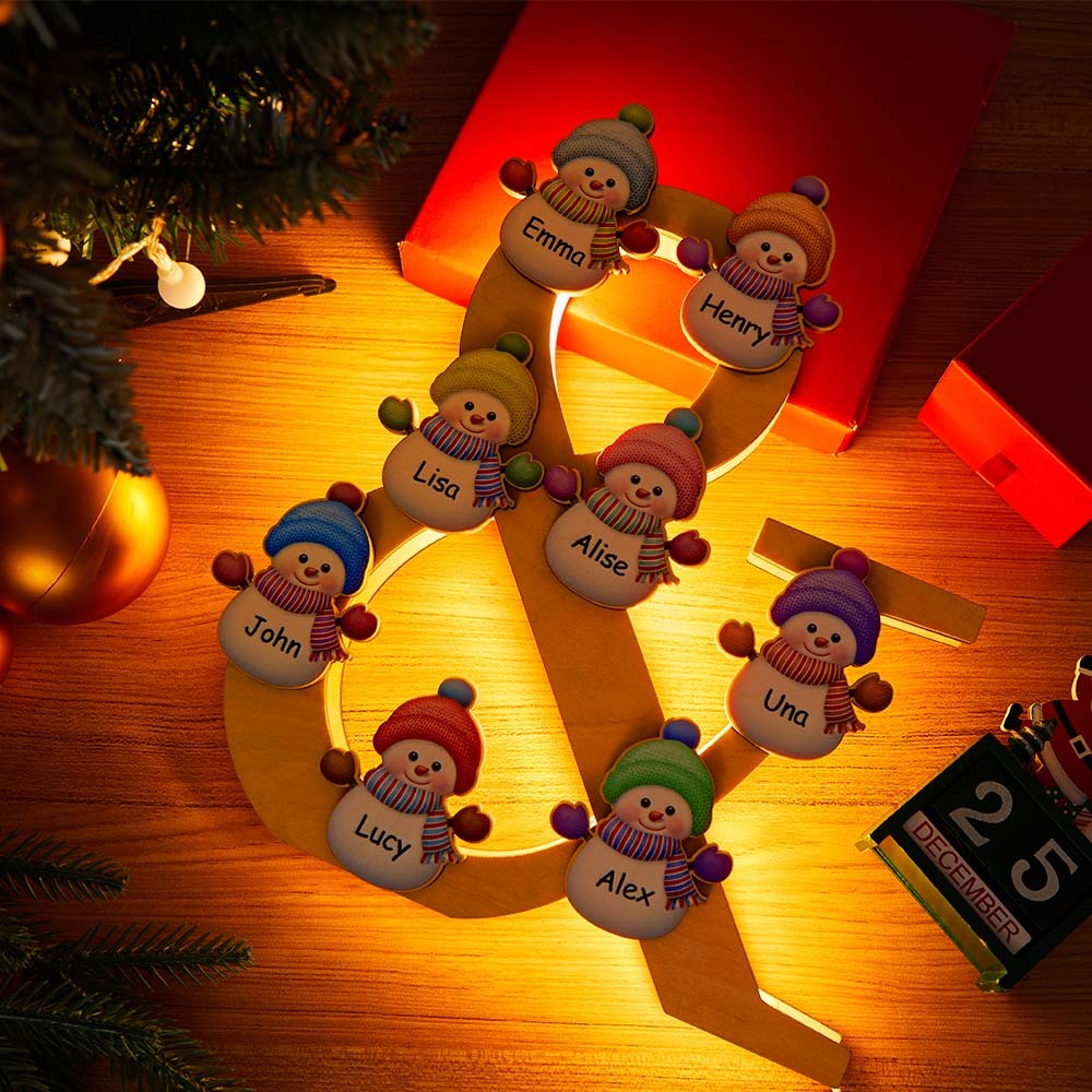 Personalised Snowman Family Name Lamp Custom Wooden Night Light Christmas Day Gift - soufeeluk