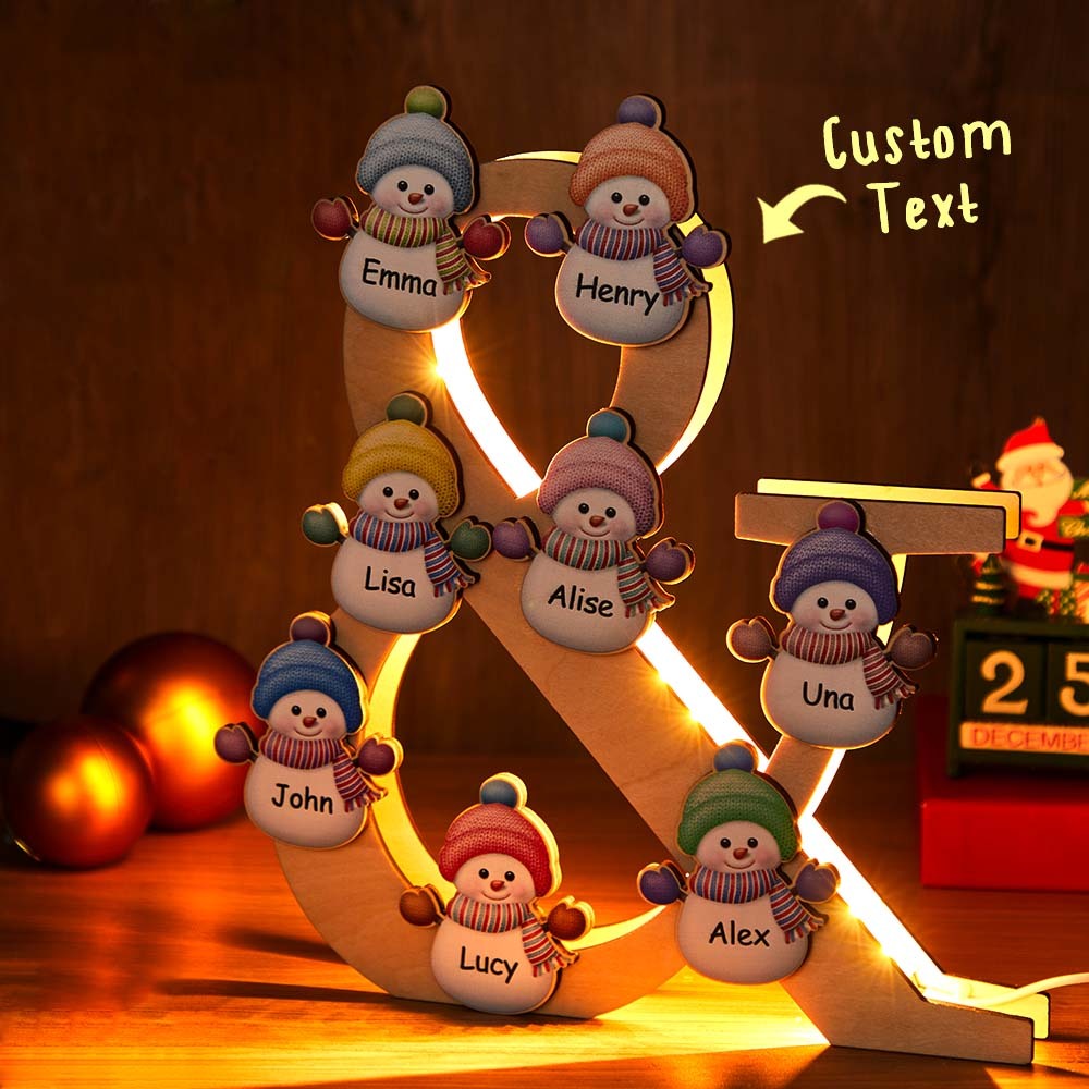 Personalised Snowman Family Name Lamp Custom Wooden Night Light Christmas Day Gift - soufeeluk
