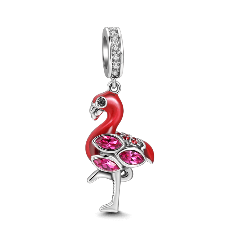 Silver Flamingo Dangle Charm with Swarovski Crystal - soufeelus