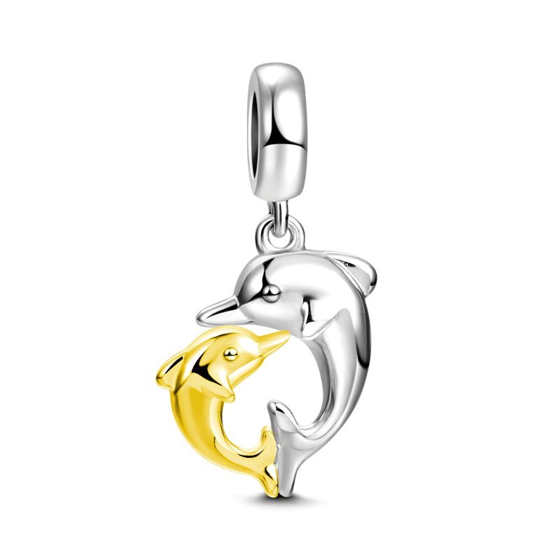 Motherly Dolphin Dangle Charm 14k Gold Plated Silver - soufeelus