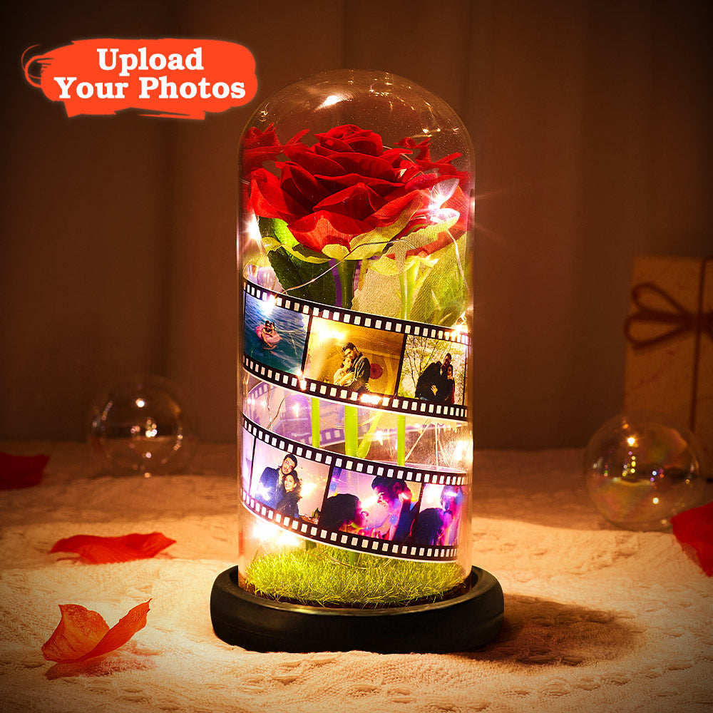 Benutzerdefinierte Rose Blume In Glas Led-lampe Fotoalbum Mit Film Schwarz Basis – Geschenk Für Sie - soufeelde