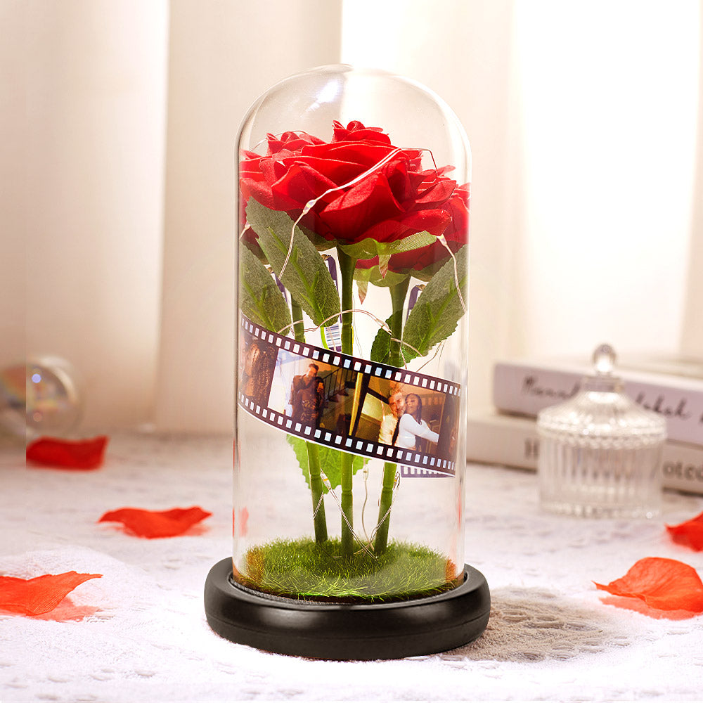Benutzerdefinierte Rose Blume In Glas Led-lampe Fotoalbum Mit Film Schwarz Basis – Geschenk Für Sie - soufeelde