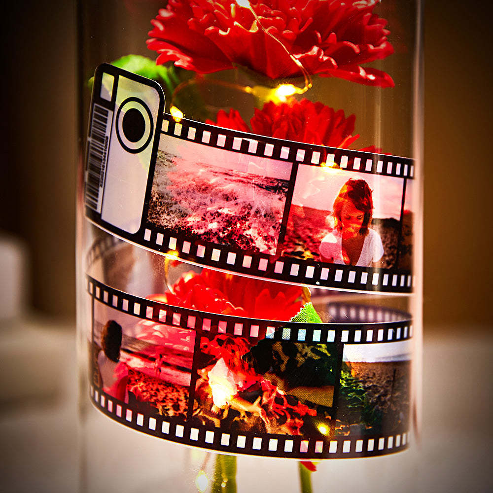 Benutzerdefinierte Nelke Blume In Glas Led-lampe Fotoalbum Mit Film Black Base Geschenk Zum Muttertag - soufeelde