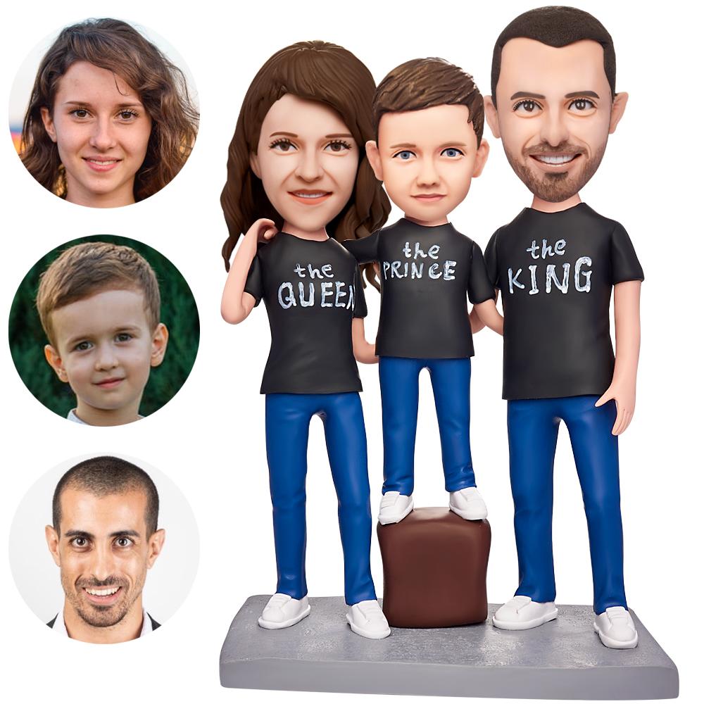 Eine dreiköpfige Familie Custom Bobblehead mit graviertem Text