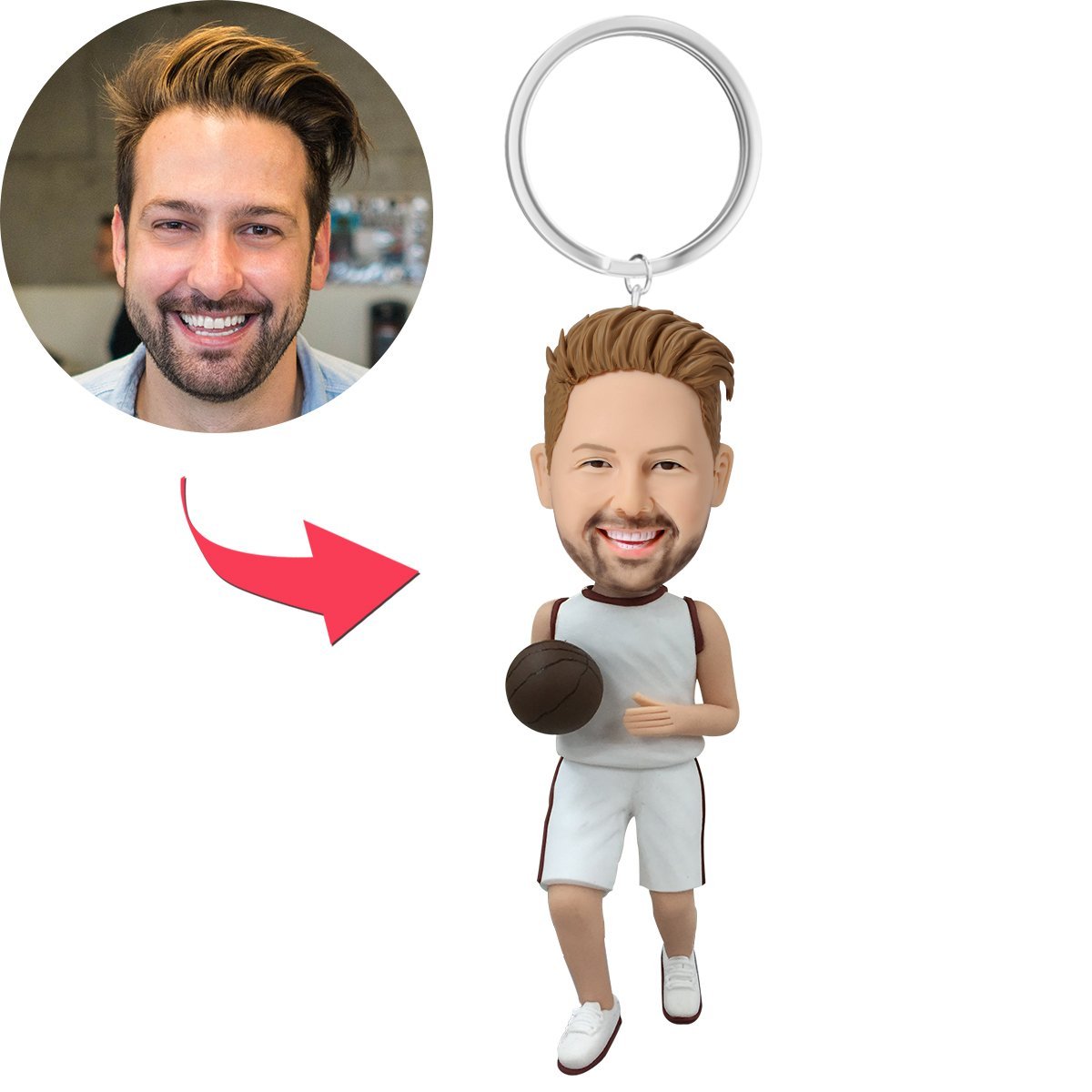 Basketball-Spieler, der mit weißer einheitlicher kundenspezifischer Bobblehead mit graviertem Text-Schlüsselanhänger dribbelt
