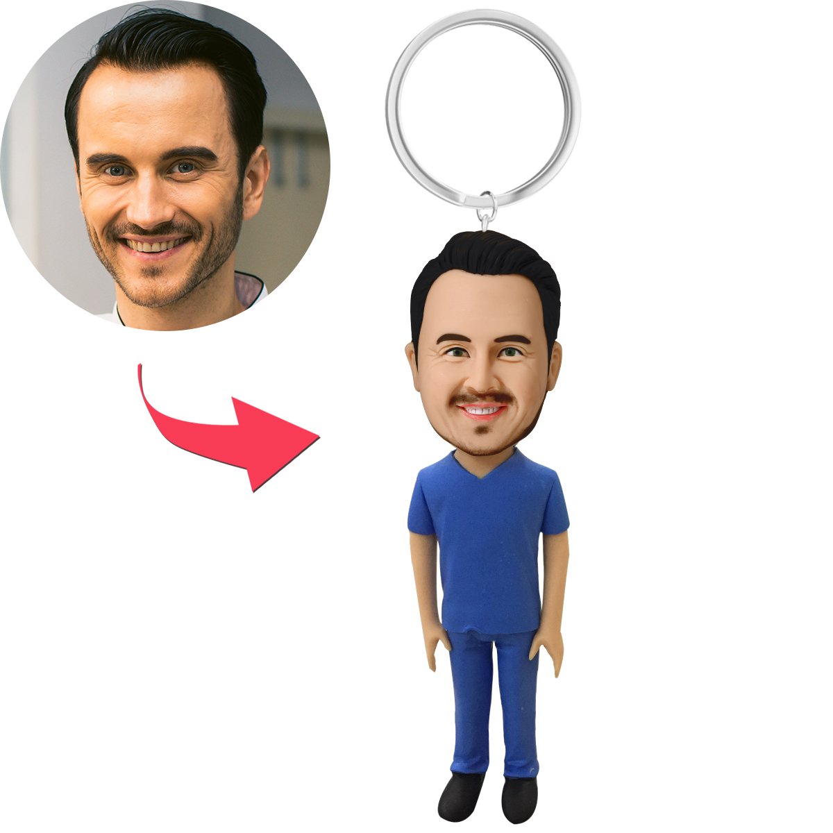 Männliche medizinische Fachkraft in Blau Scrubs Custom Bobblehead mit graviertem Text Schlüsselanhänger