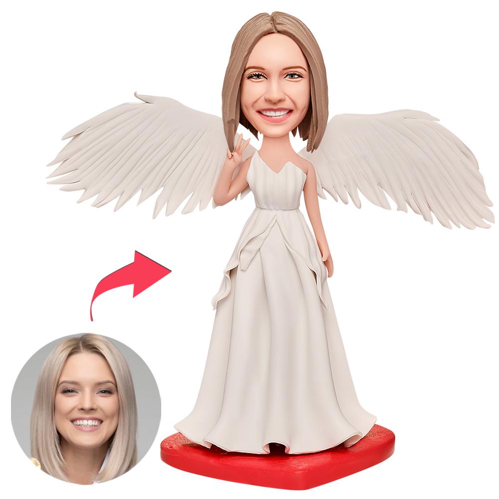 Weibliches Weißes Dressing Mit Flügeln Custom Bobblehead Mit Graviertem Text