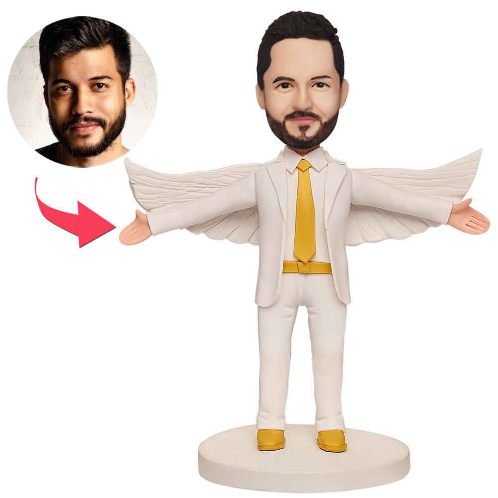 Männlicher Weißer Anzug Mit Flügeln Custom Bobblehead Mit Eingraviertem Text