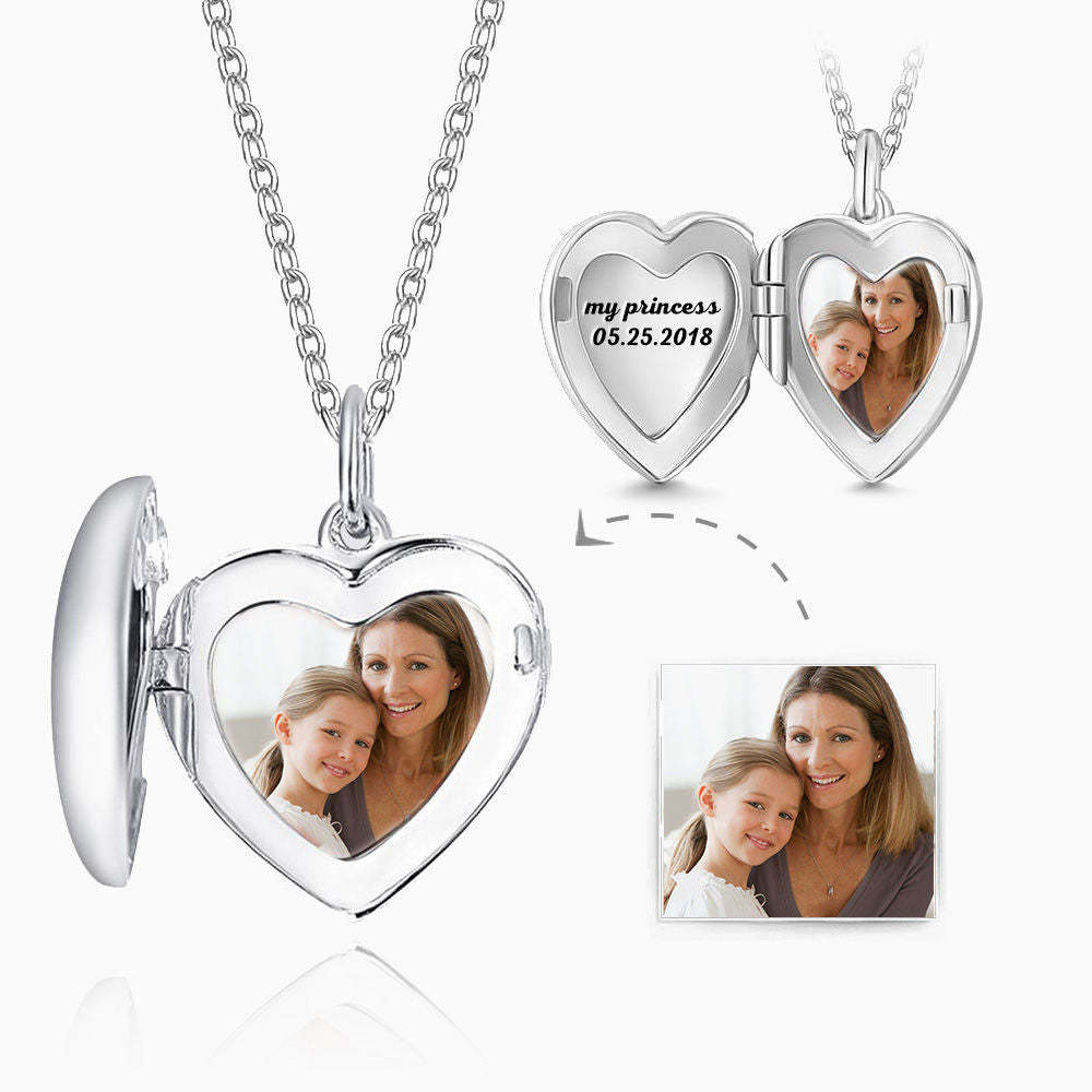 Graviertes Herz Foto Medaillon Halskette Silber