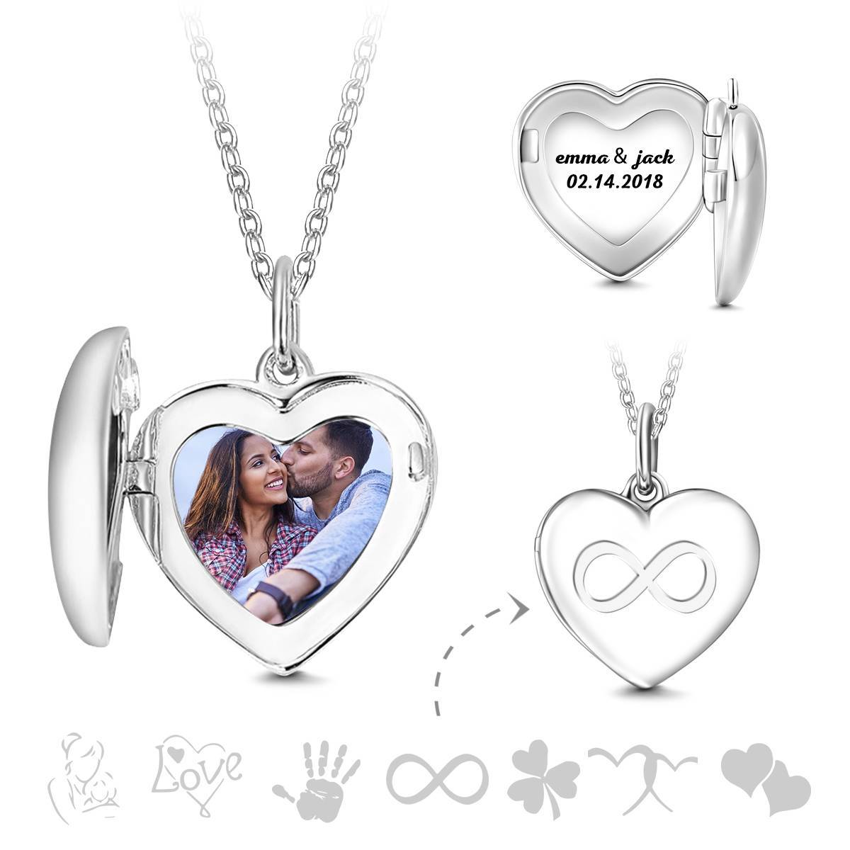 Infinity Heart Gravierte Fotokette Silber Necklace