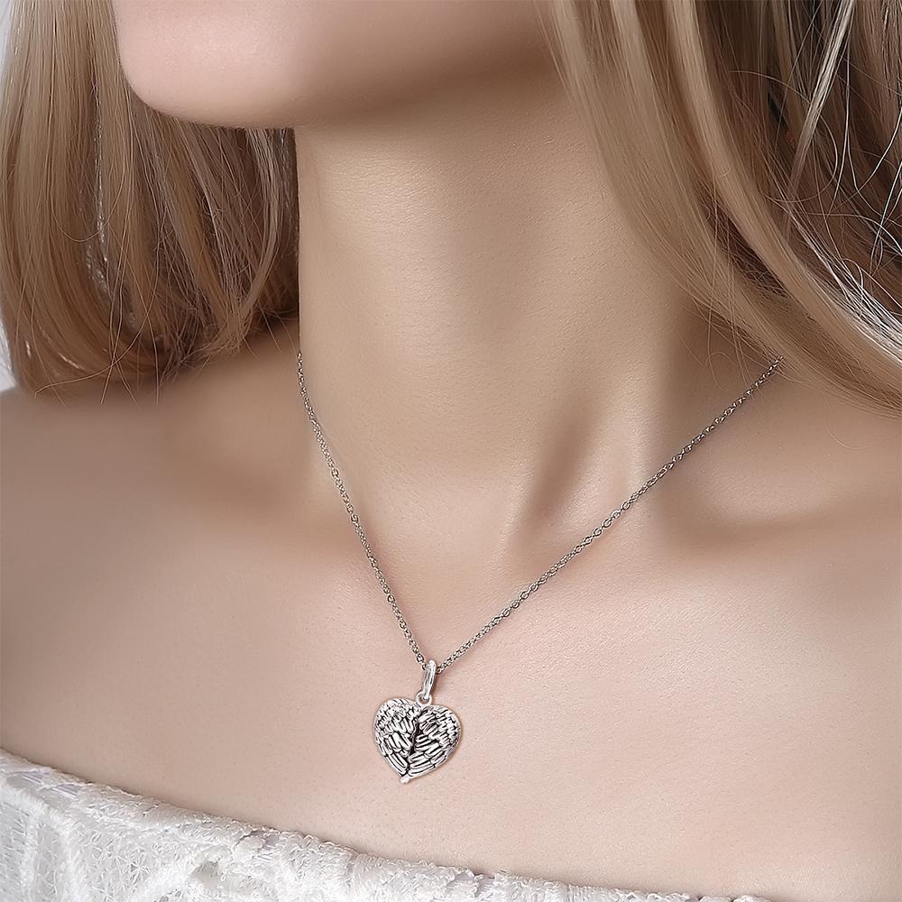Gravierbare Foto Medaillon Halskette Personalisierte Herz Engel Flügel Sterling Silber