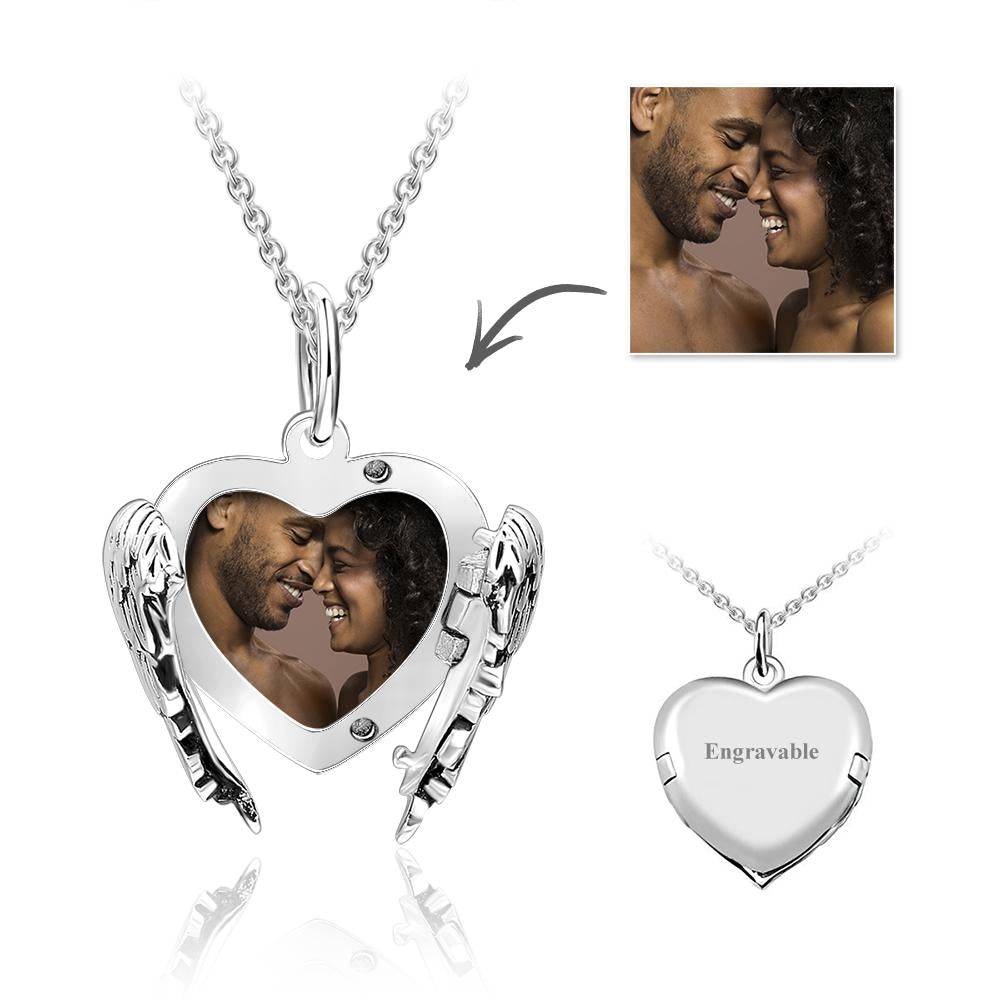 Gravierbare Foto Medaillon Halskette Personalisierte Herz Engelsflügel Valentinstag Geschenke