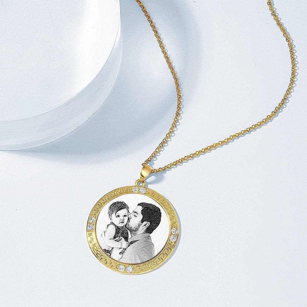 Herren personalisierte Foto gravierte Halskette, Strass Kristall runde Form Foto Halskette 14 vergoldet golden - Skizze