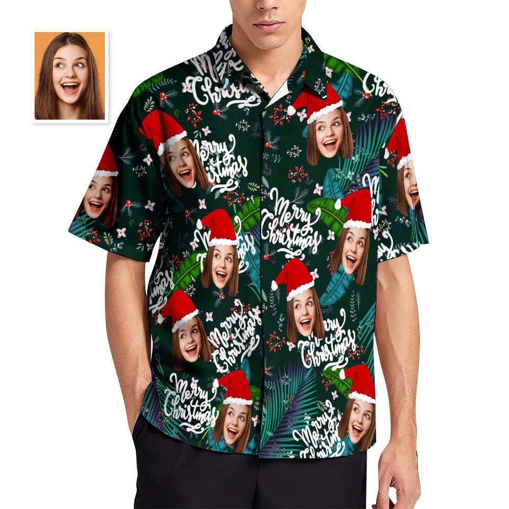 Custom Face Hawaiihemden Personalisiertes Fotogeschenk Herren Weihnachtshemden Blume Und Blätter - soufeelde