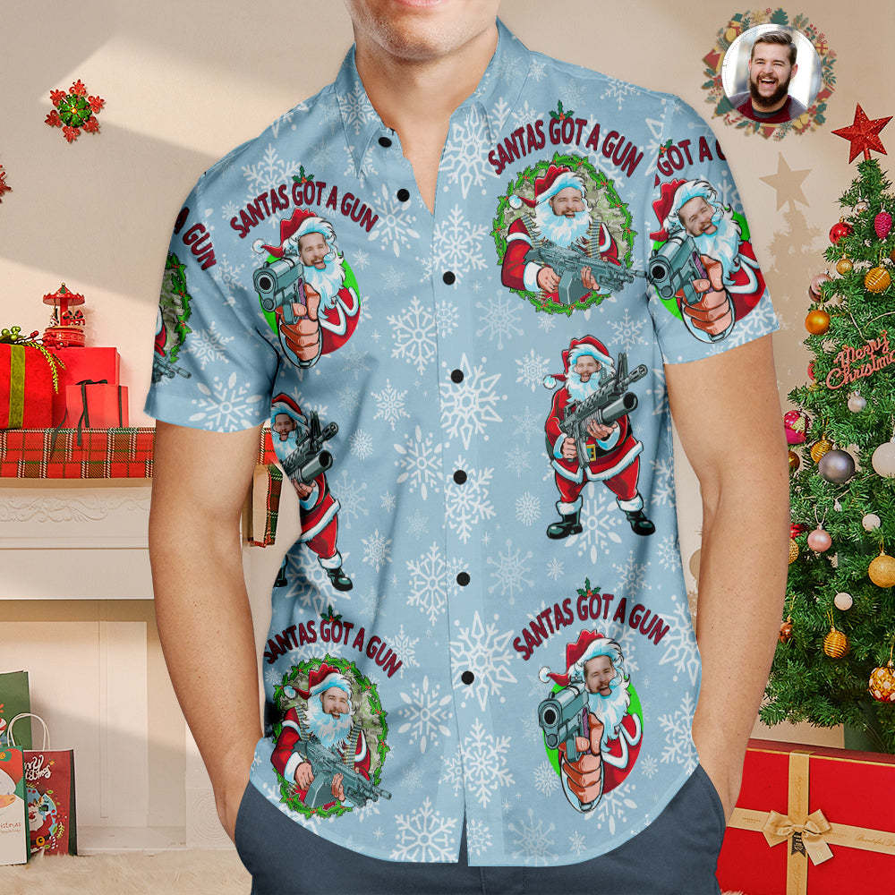 Benutzerdefiniertes Gesicht Hawaiihemd Personalisiertes Foto Lustiges Weihnachtsmann-weihnachtshemd Mit Maschinengewehr - soufeelde