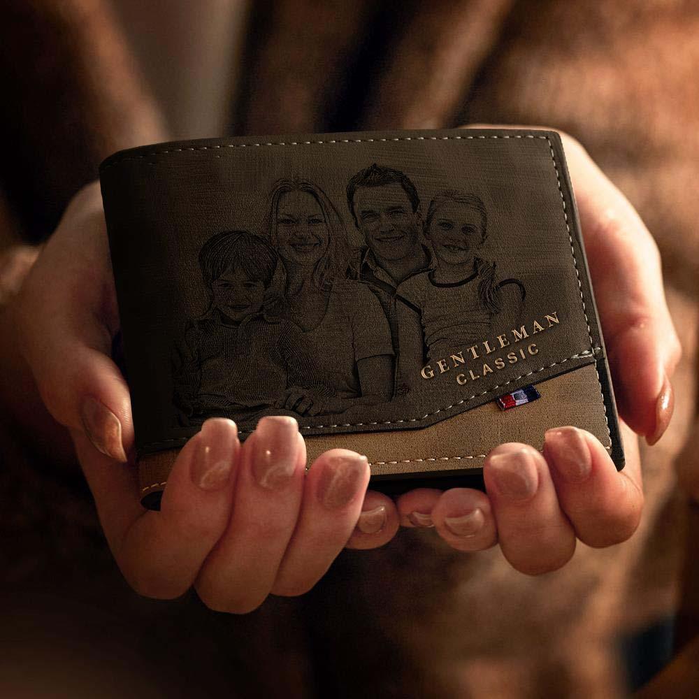 Benutzerdefinierte Foto gravierte Geldbörse Classic Style Leder Geldbörse für Männer Foto Brieftasche