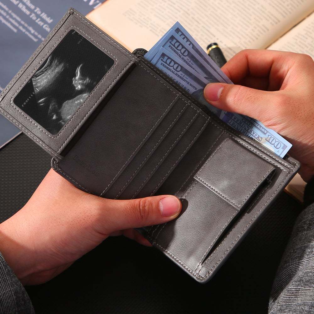 Bifold-Geldbörsen aus personalisiertem Fotoleder mit Münzgeldbörse und ID-Fenstertasche Vertikale graue Geldbörse für Herren Vatertagsgeschenk Foto Brieftasche