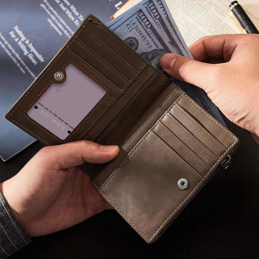 Vertikale Geldbörse mit Fotogravur RFID-blockierende Geldbörse mit Münzfach mit Reißverschluss Vatertagsgeschenk