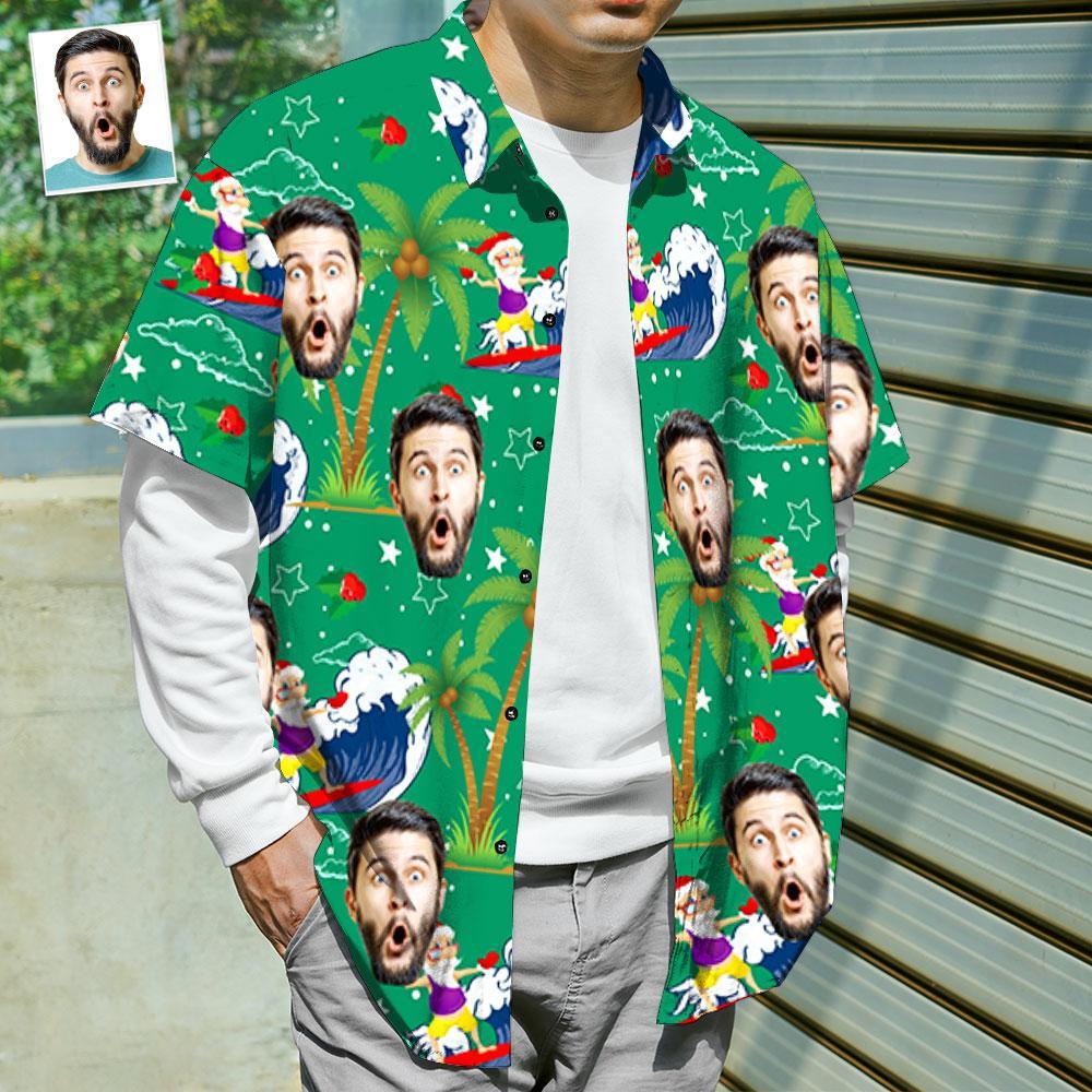 Custom Face Shirt Personalisiertes Foto Herren Hawaiihemd Weihnachtsgeschenk - Surfing Santa - soufeelde