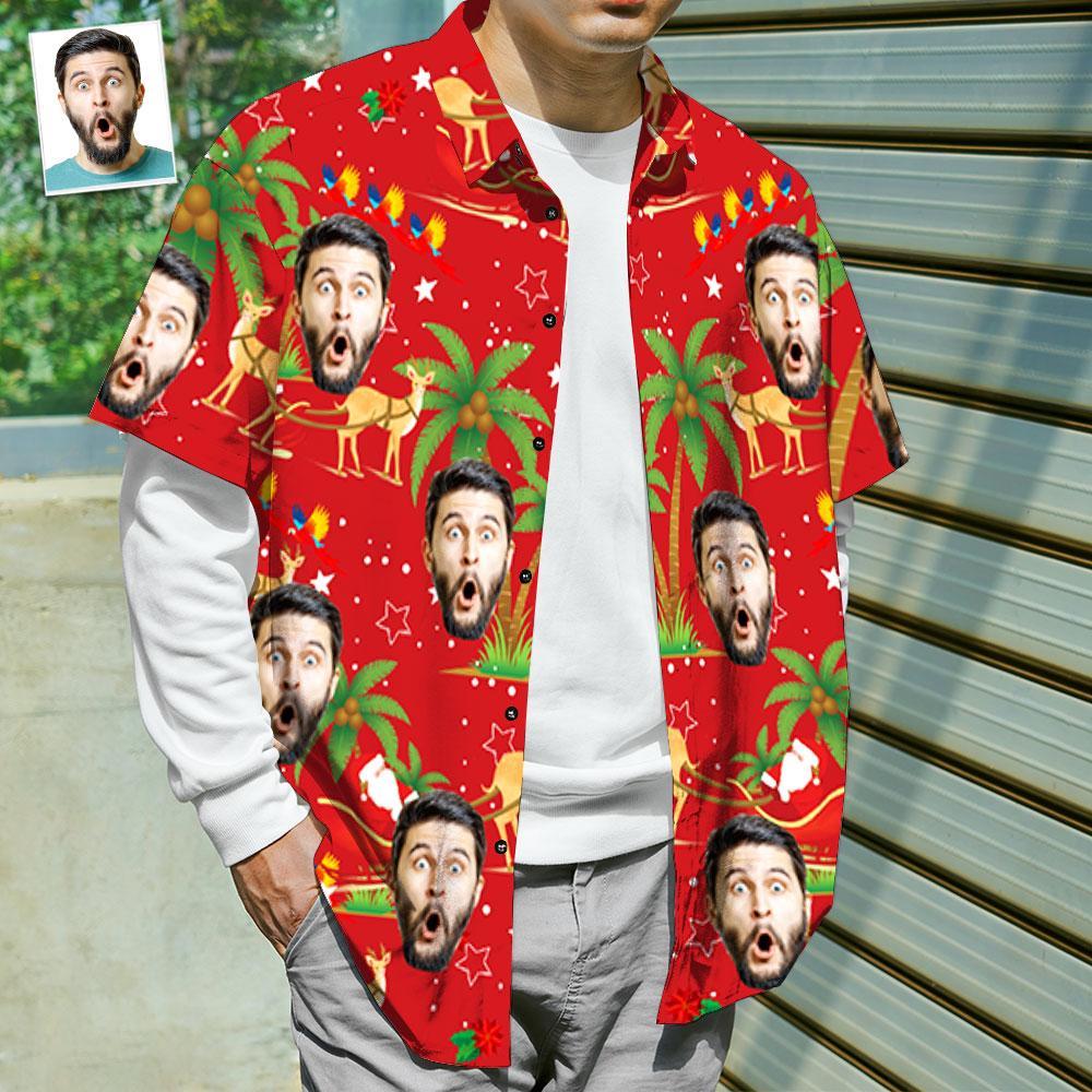 Custom Face Shirt Personalisiertes Foto Herren Hawaiihemd Weihnachtsgeschenk - Weihnachtsmann Und Elch - soufeelde