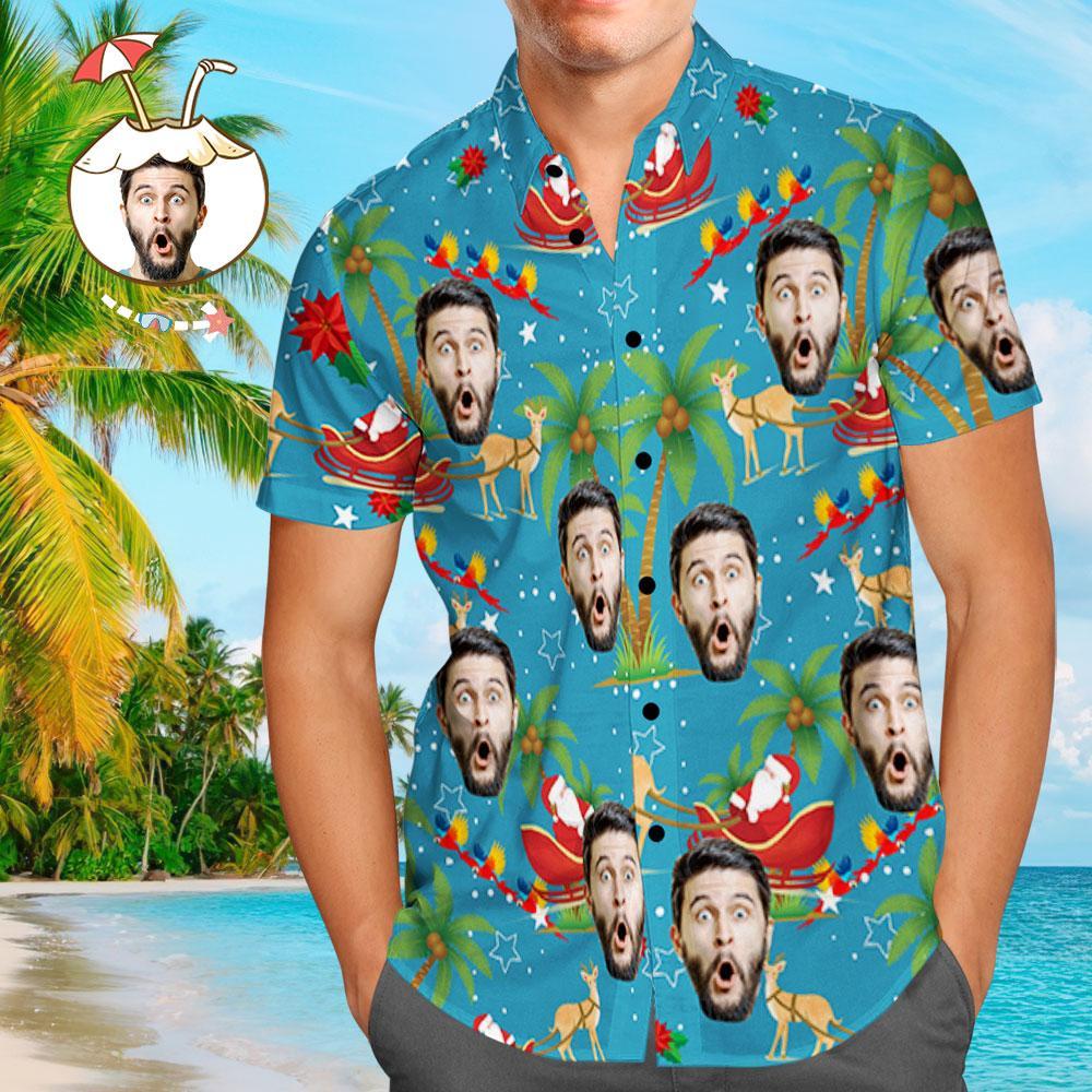 Custom Face Shirt Personalisiertes Foto Herren Hawaiihemd Weihnachtsgeschenk - Weihnachtsmann Und Elch - soufeelde