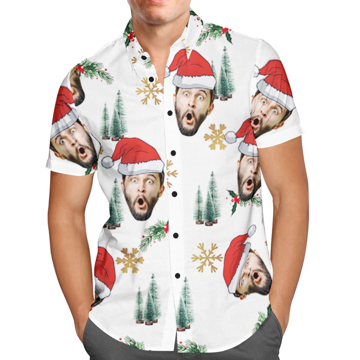 Benutzerdefiniertes Gesicht Personalisiertes Weihnachtshawaiianhemd Ihr Gesicht Mit Weihnachtsmütze - soufeelde
