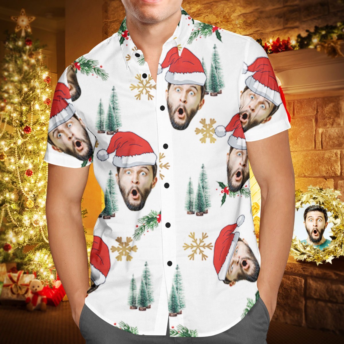 Benutzerdefiniertes Gesicht Personalisiertes Weihnachtshawaiianhemd Ihr Gesicht Mit Weihnachtsmütze - soufeelde