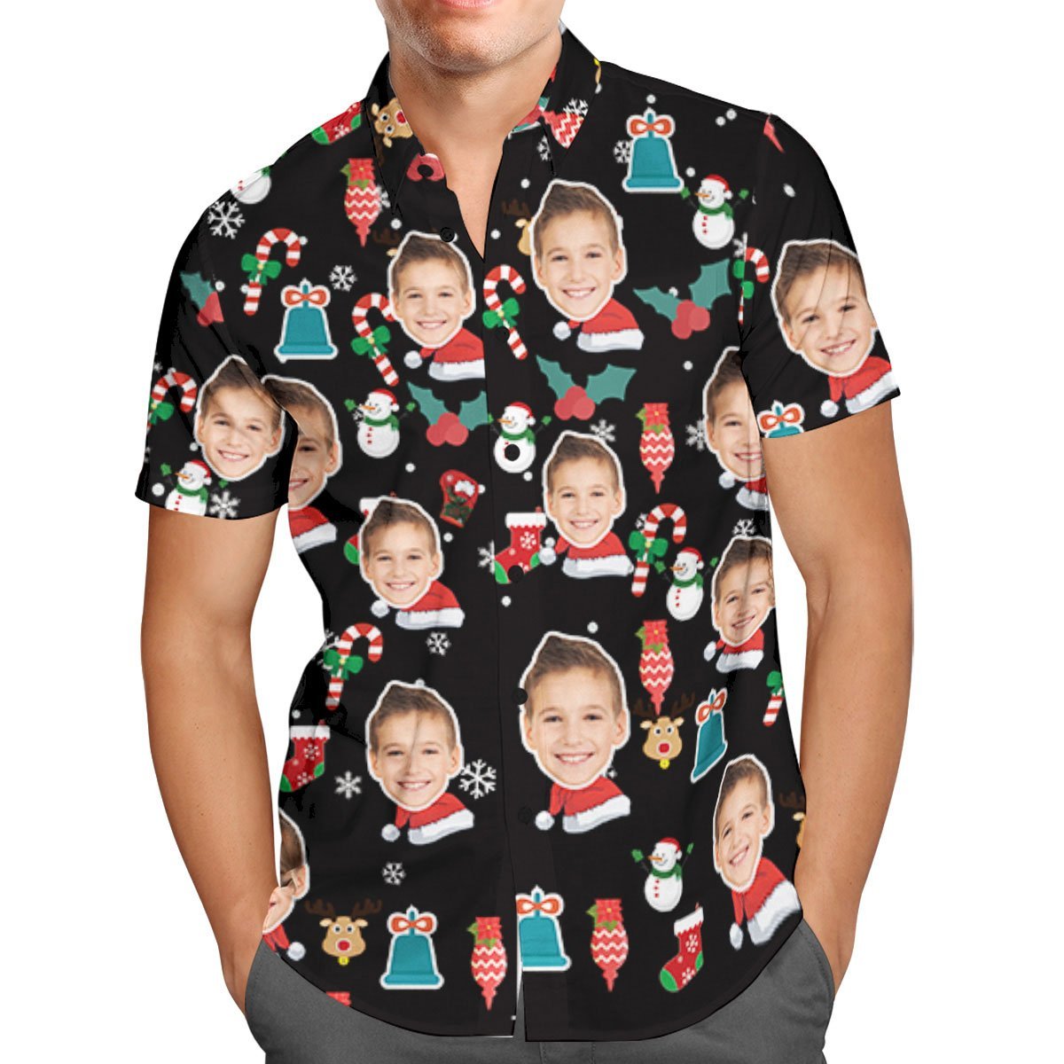 Kundenspezifisches Gesicht-personalisiertes Weihnachtshawaiianhemd-zuckerstange-weihnachtsfeiertags-geschenke - soufeelde