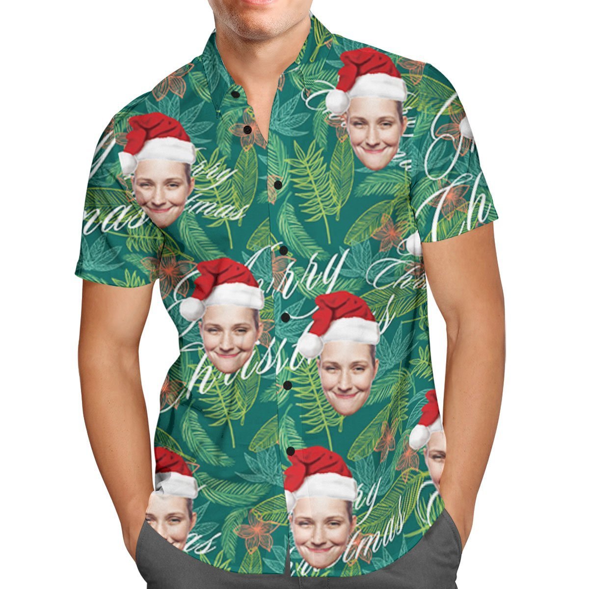 Benutzerdefiniertes Gesicht Personalisierte Frohe Weihnachten Hawaiihemd All Over Print Leaves - soufeelde