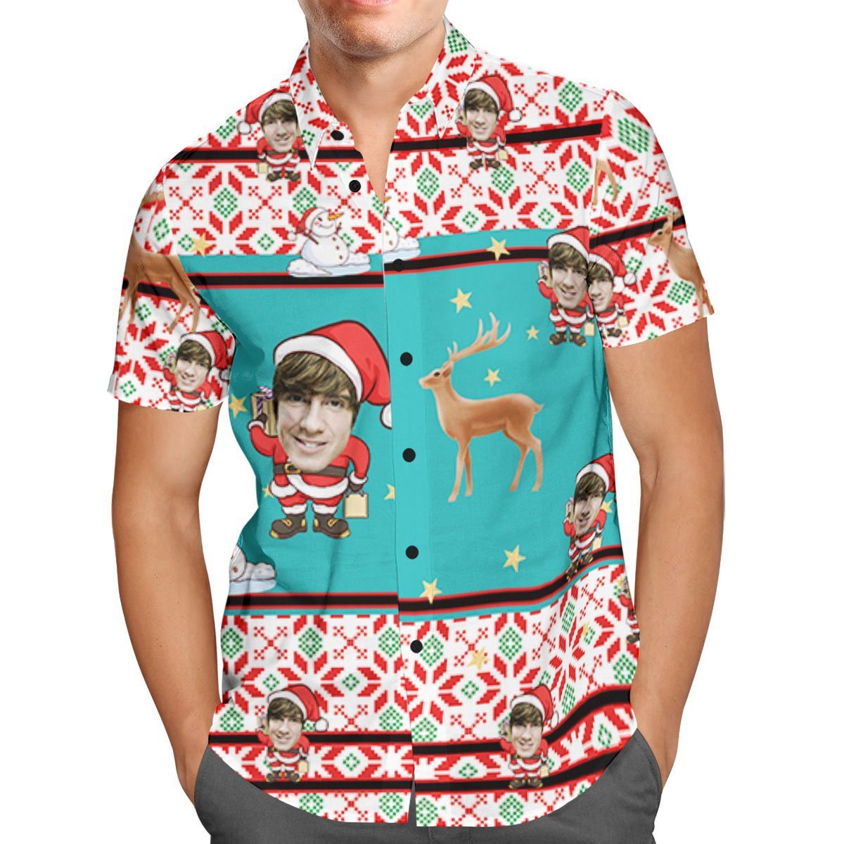Kundenspezifisches Gesicht Personalisiertes Weihnachtshawaiianhemd Weihnachtsmann Und Rentier - soufeelde