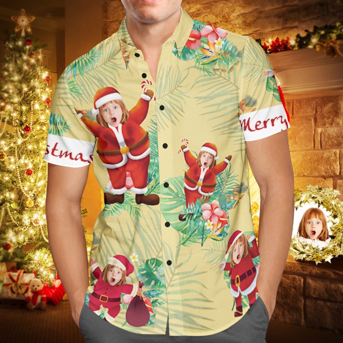 Kundenspezifisches Gesicht-personalisiertes Weihnachtshawaiianhemd-frohe Weihnacht-weihnachtsmann-feriengeschenke - soufeelde