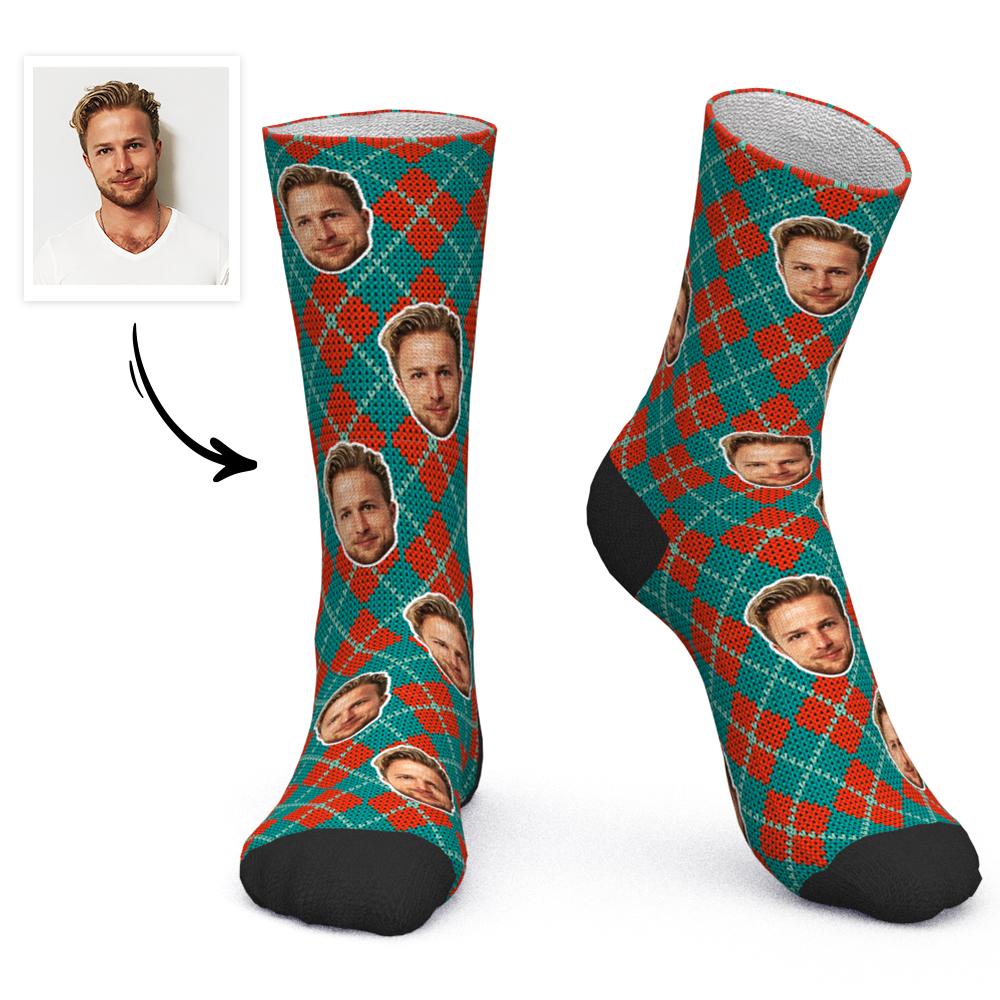 Benutzerdefinierte Gesicht Socken Personalisierte Foto Socken Weihnachtsgeschenk Weihnachtsmann Socken - Gittermuster