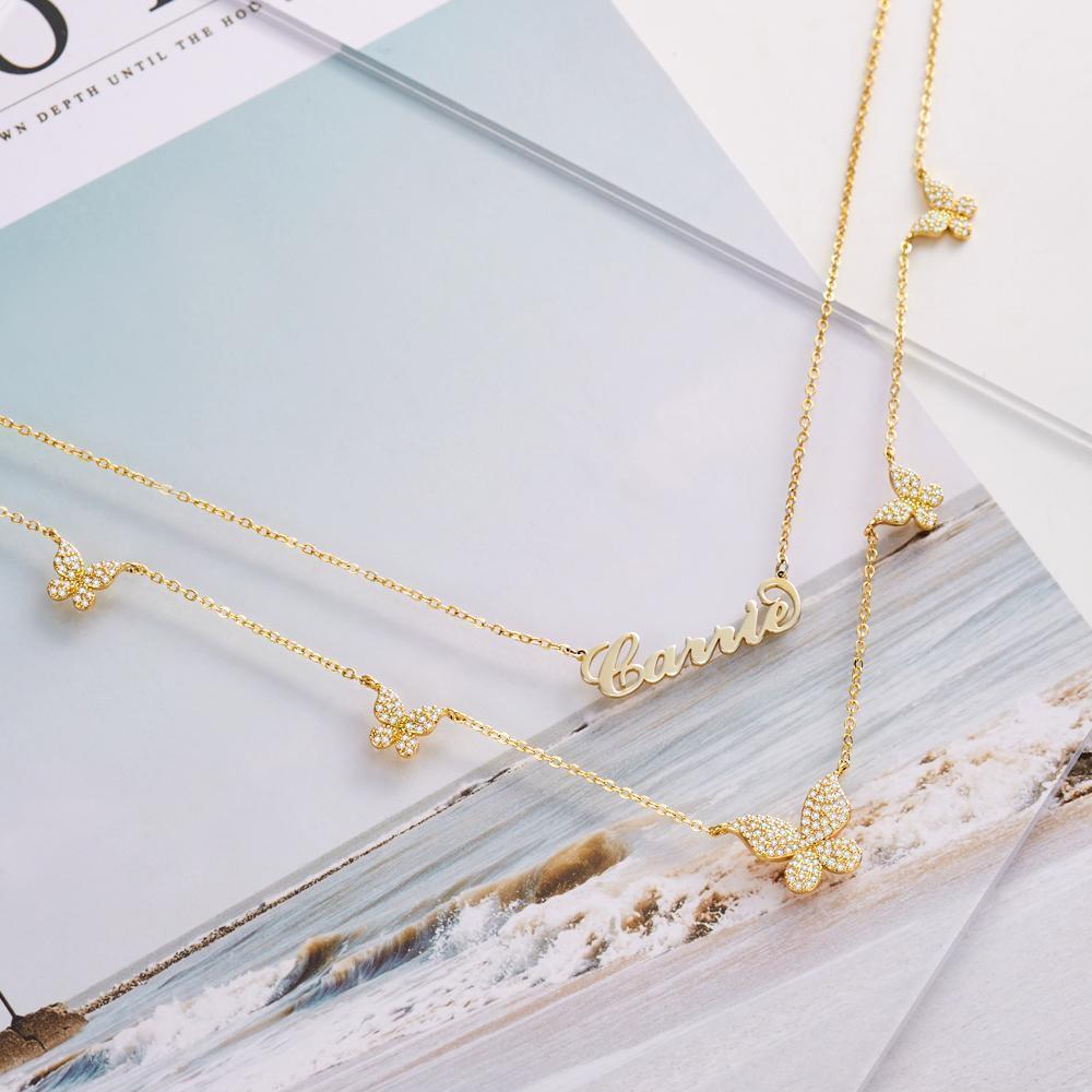 Soufeel Gold "Carrie" Stil Namenskette mit Schmetterling Anhänger Halskette für Freundin Geschenke Zirkon