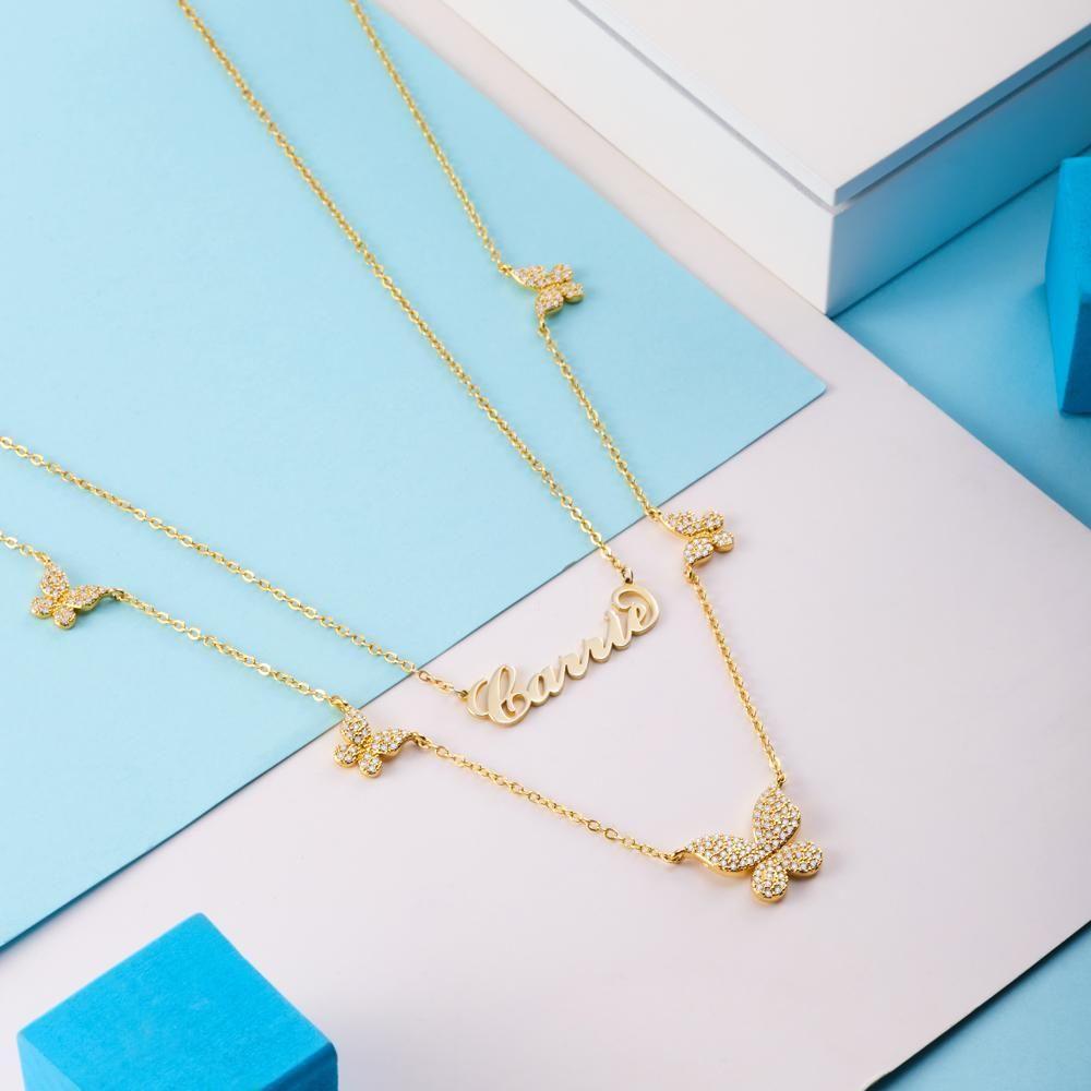 Soufeel Gold "Carrie" Stil Namenskette mit Schmetterling Anhänger Halskette für Freundin Geschenke Zirkon