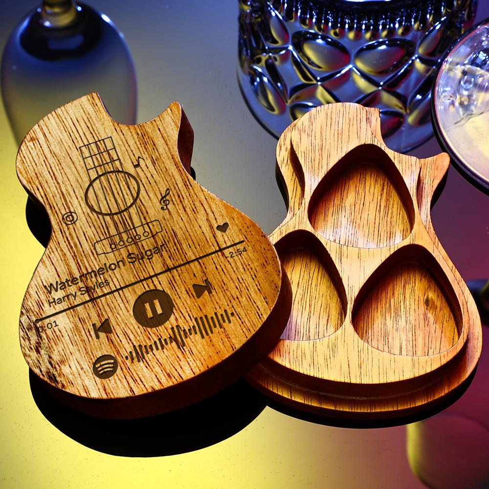 Benutzerdefinierte Spotify 3pcs Gitarrenplektrum Gitarre Holzplektren Box Gitarrenförmige Plektren Box Plektrumbehälter Romantische Geschenke